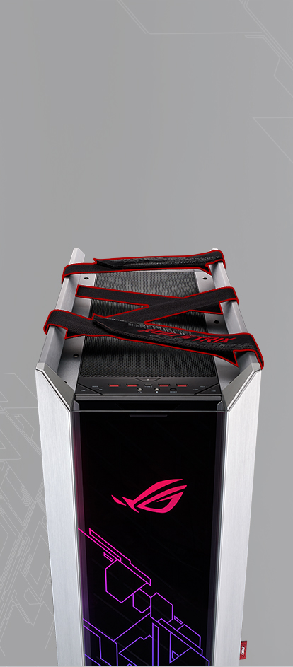 ROG Strix Helios White Edition top view with comfortable carrying handles