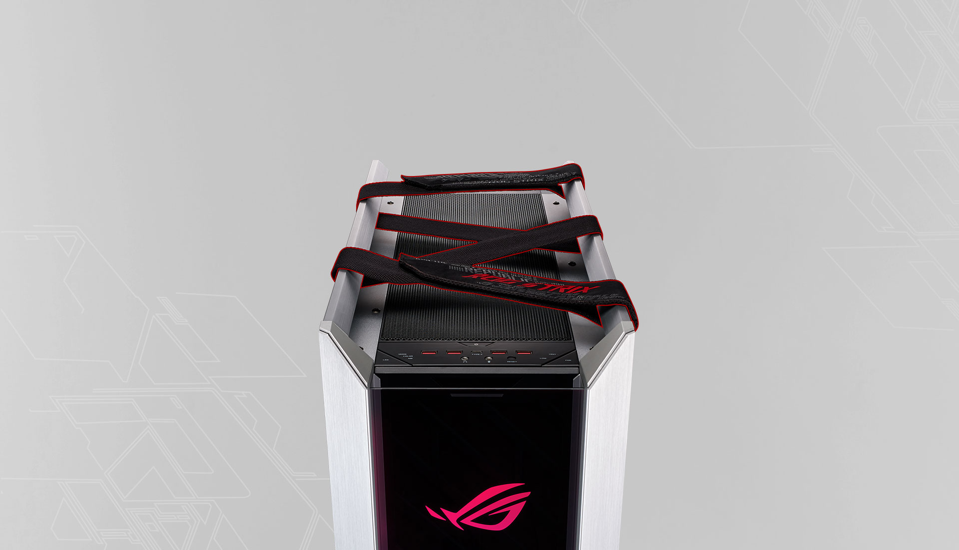 ROG Strix Helios White Edition top view with comfortable carrying handles