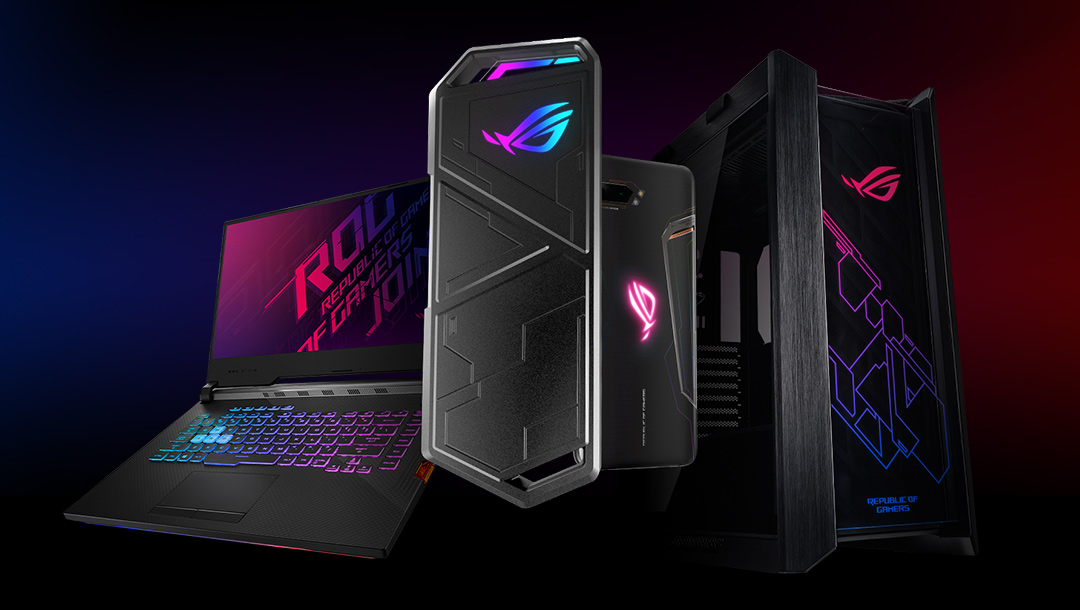ROG STRIX ARION front view with a laptop, a desktop and a smartphone in the background