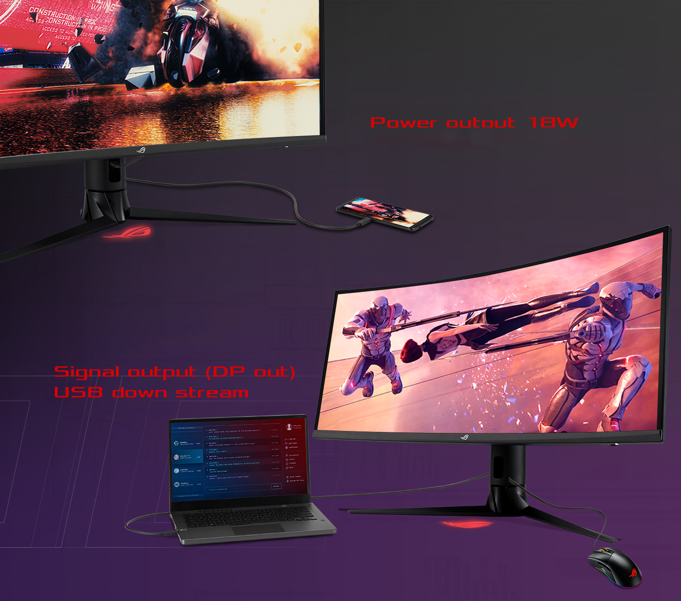 ROG Strix XG349C shown charging a mobile phone through the USB-C port on the monitor and The mouse can control laptop by connecting ROG Strix XG349C