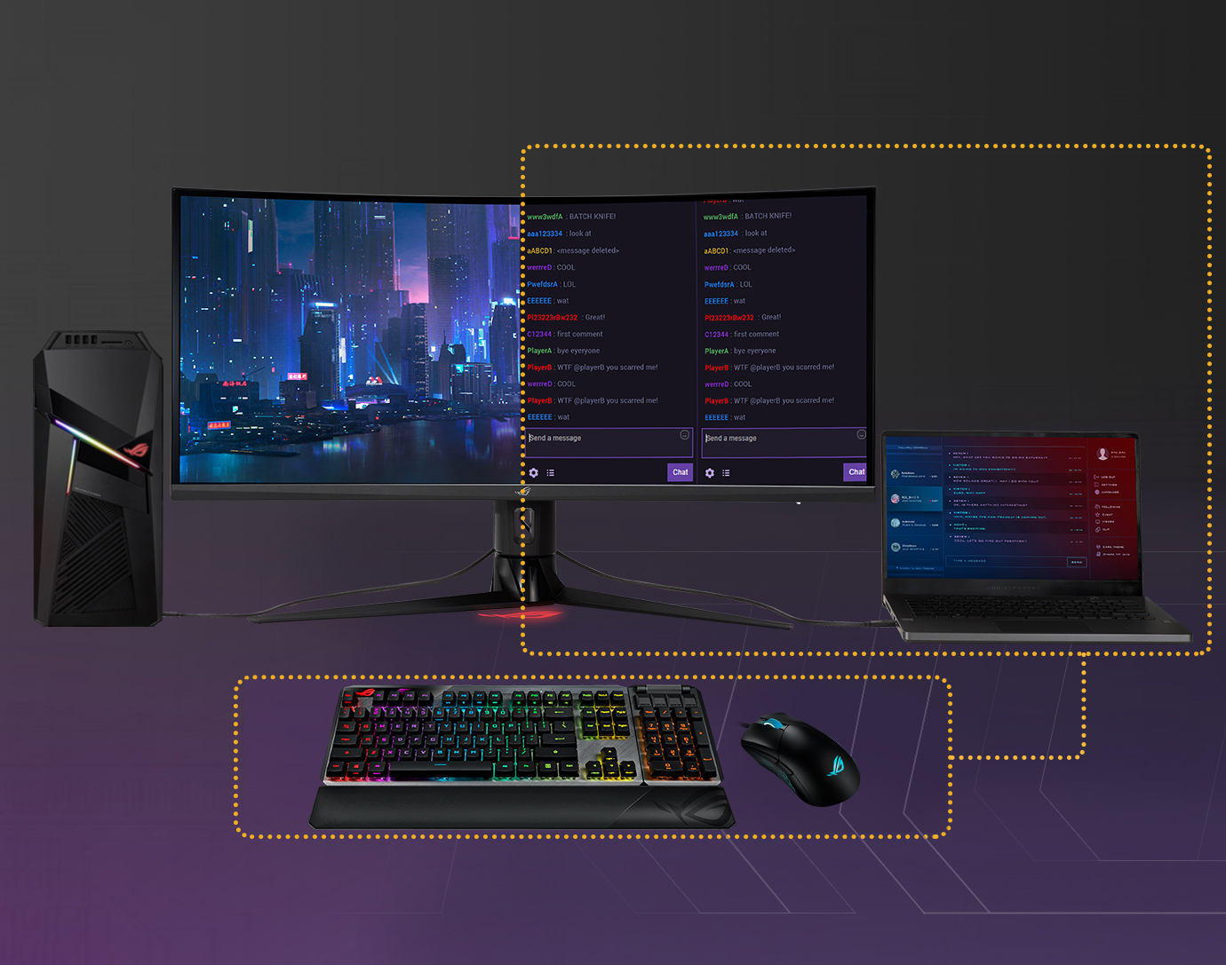 A ROG Strix XG349C is connected to a PC and laptop at the same time, via one keyboard and mouse pad