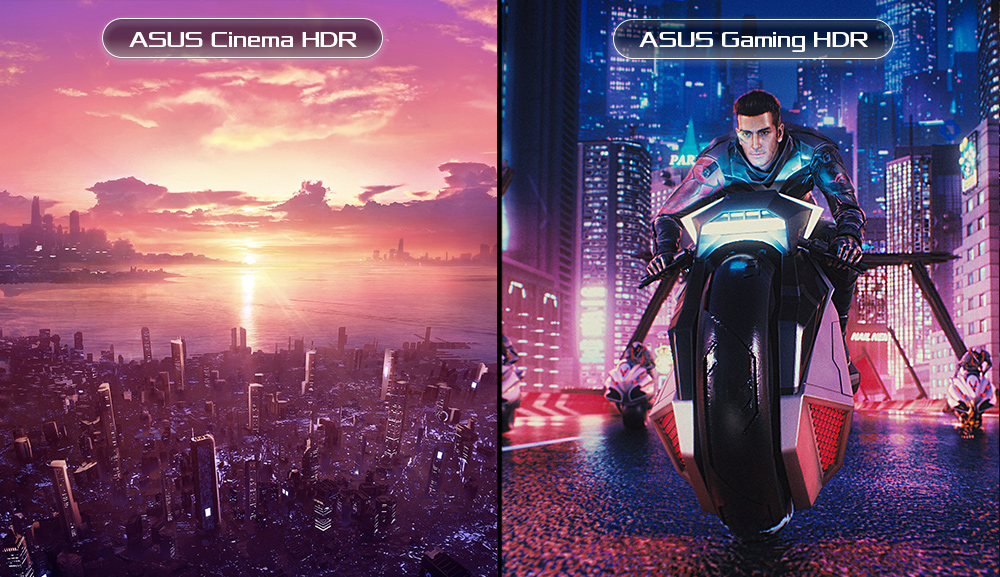 A comparison showing ROG Strix XG349C with Cinema HDR mode and Gaming HDR mode