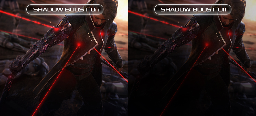 A comparison showing ROG Strix XG349C with and without Shadow Boost