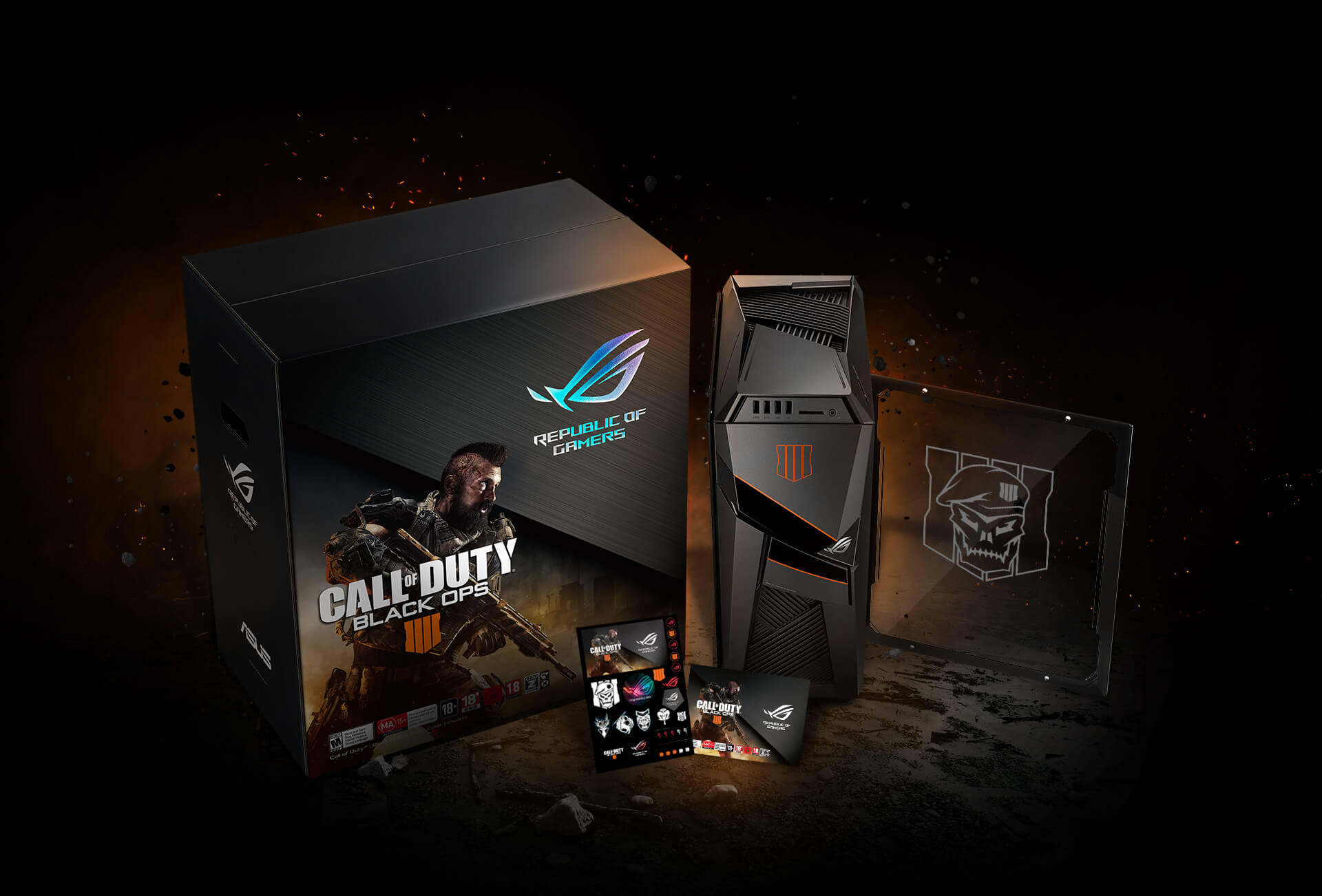 The desktop and package of ROG Strix GL12 Call of Duty are placed on the ground